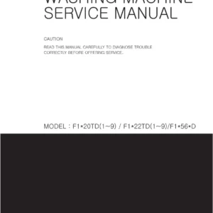 Lg f14560qd service manual cover with LG logo, service website path, washer model codes and service caution notice