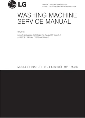 Lg f14560qd service manual cover with LG logo, service website path, washer model codes and service caution notice