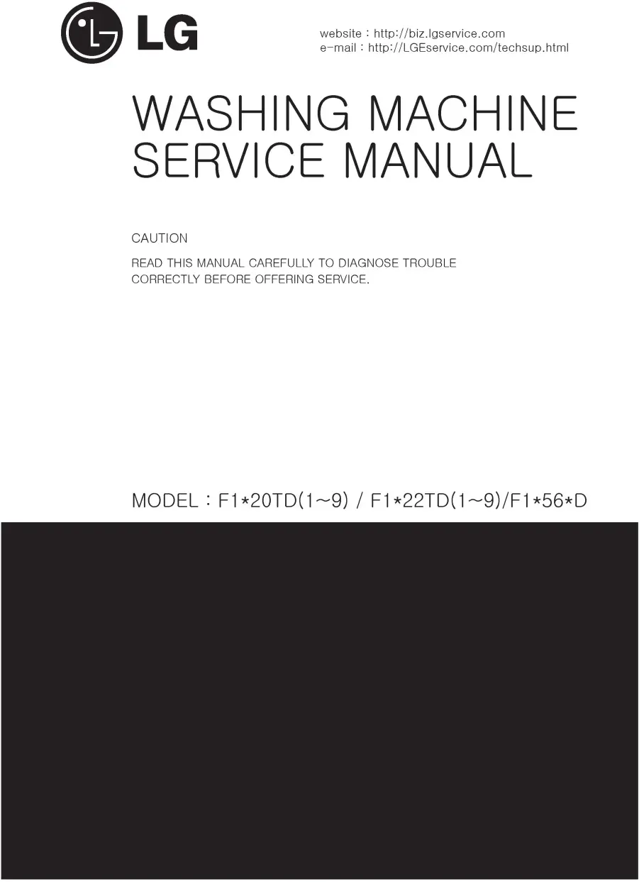 Lg f14560qd service manual cover with LG logo, service website path, washer model codes and service caution notice