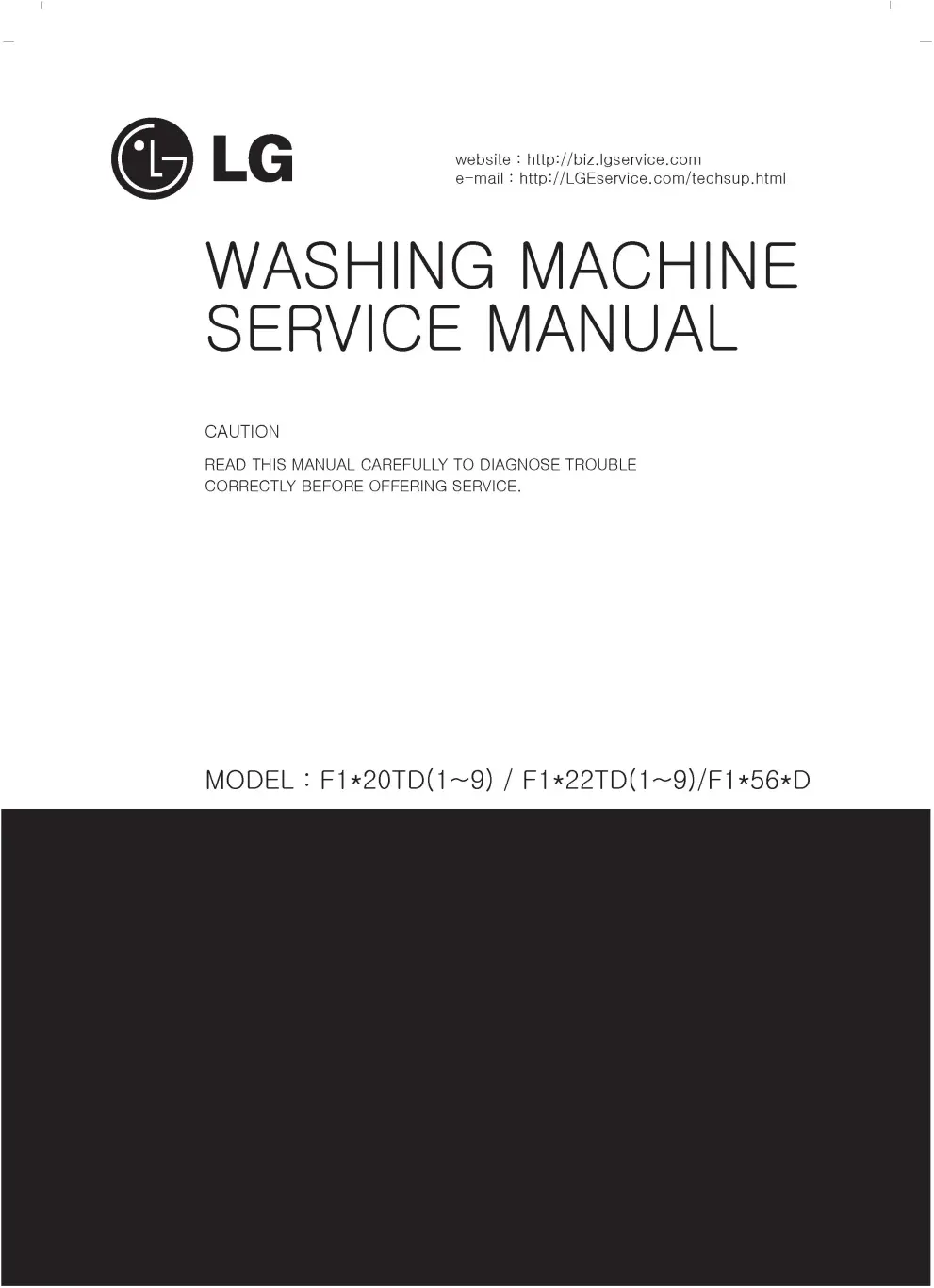 Lg f1456qdp service manual cover with LG logo, service website path, washer model codes and service caution notice