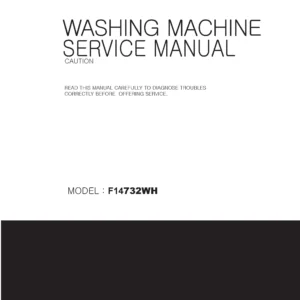 Lg f14732wh service manual cover with LG logo, service website path, washer model codes and service caution notice