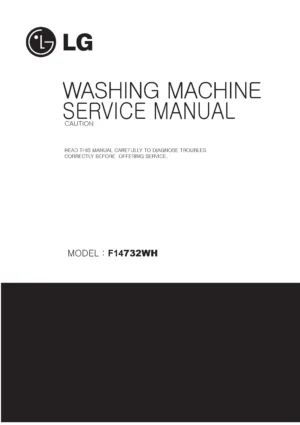Lg f14732wh service manual cover with LG logo, service website path, washer model codes and service caution notice