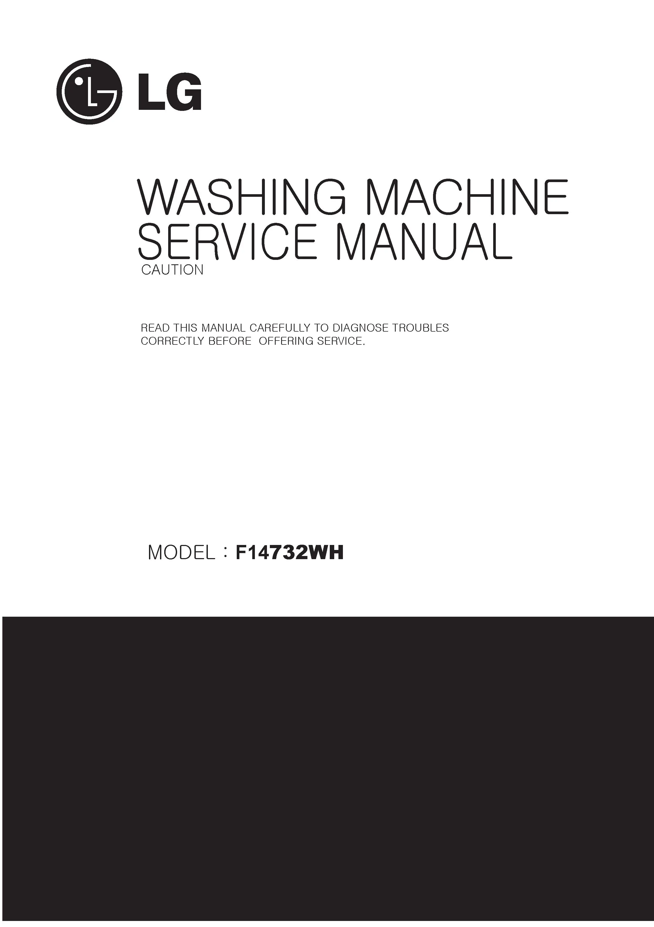 Lg f14732wh service manual cover with LG logo, service website path, washer model codes and service caution notice