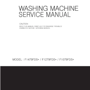 Lg f1479fds5 service manual cover with LG logo, service website path, washer model codes and service caution notice