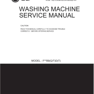 Lg f147w2d service manual cover with LG logo, service website path, washer model codes and service caution notice