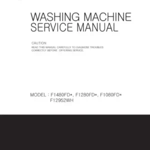Lg f1480fd service manual cover with LG logo, service website path, washer model codes and service caution notice