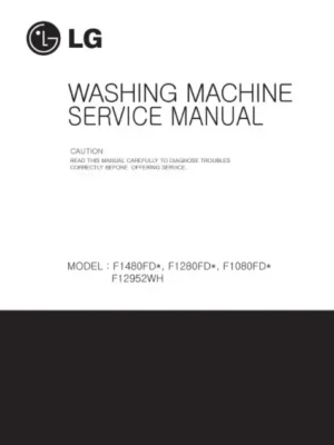 Lg f1480fd service manual cover with LG logo, service website path, washer model codes and service caution notice