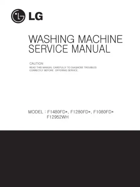 Lg f1480fd service manual cover with LG logo, service website path, washer model codes and service caution notice