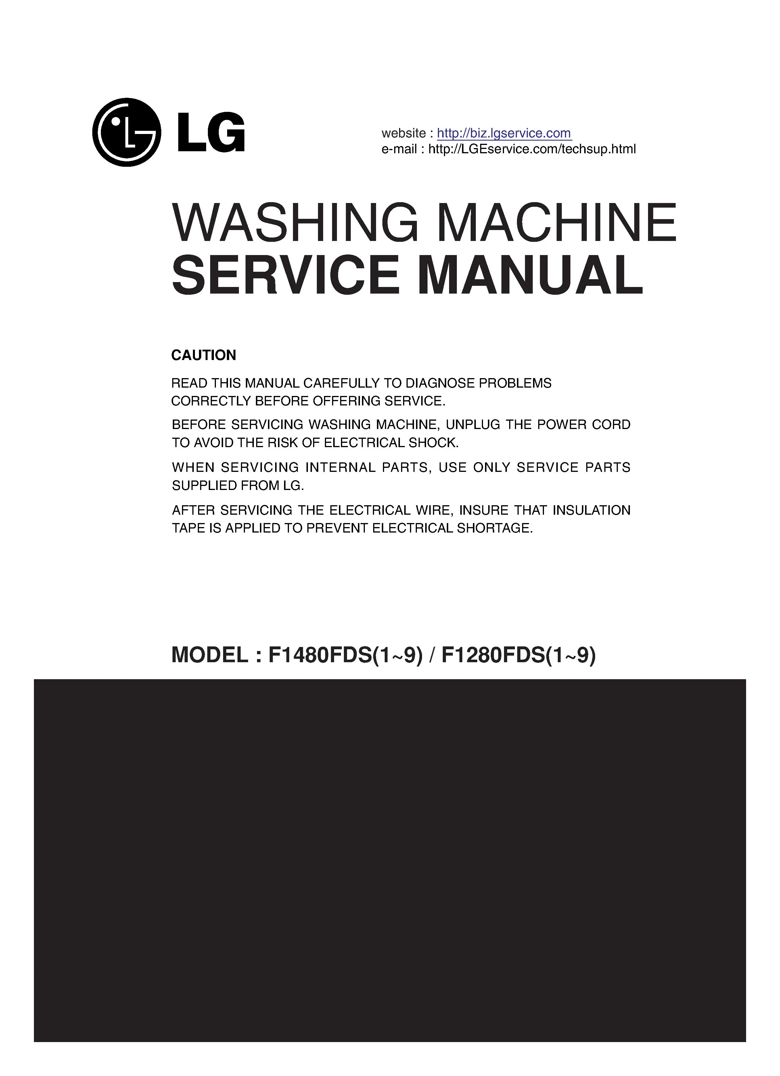 Lg f1480fds service manual cover with LG logo, service website path, washer model codes and service caution notice