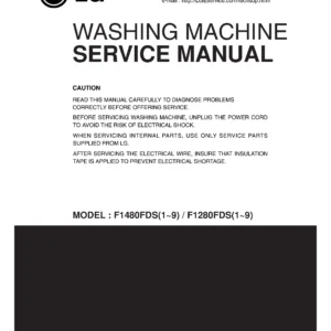 Lg f1480fds5 service manual cover with LG logo, service website path, washer model codes and service caution notice