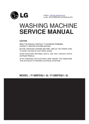 Lg f1480fds5 service manual cover with LG logo, service website path, washer model codes and service caution notice