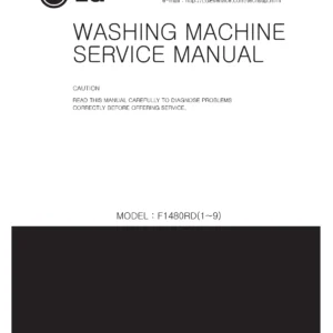 Lg f1480rd service manual cover with LG logo, service website path, washer model codes and service caution notice