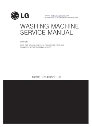 Lg f1480rd5 service manual cover with LG logo, service website path, washer model codes and service caution notice