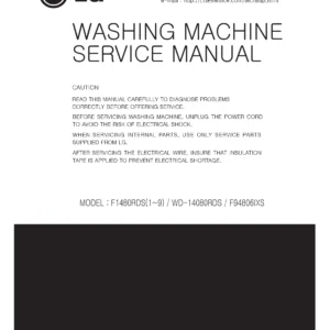 Lg f1480rds service manual cover with LG logo, service website path, washer model codes and service caution notice