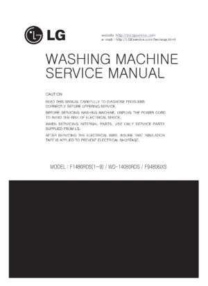 Lg f1480rds service manual cover with LG logo, service website path, washer model codes and service caution notice