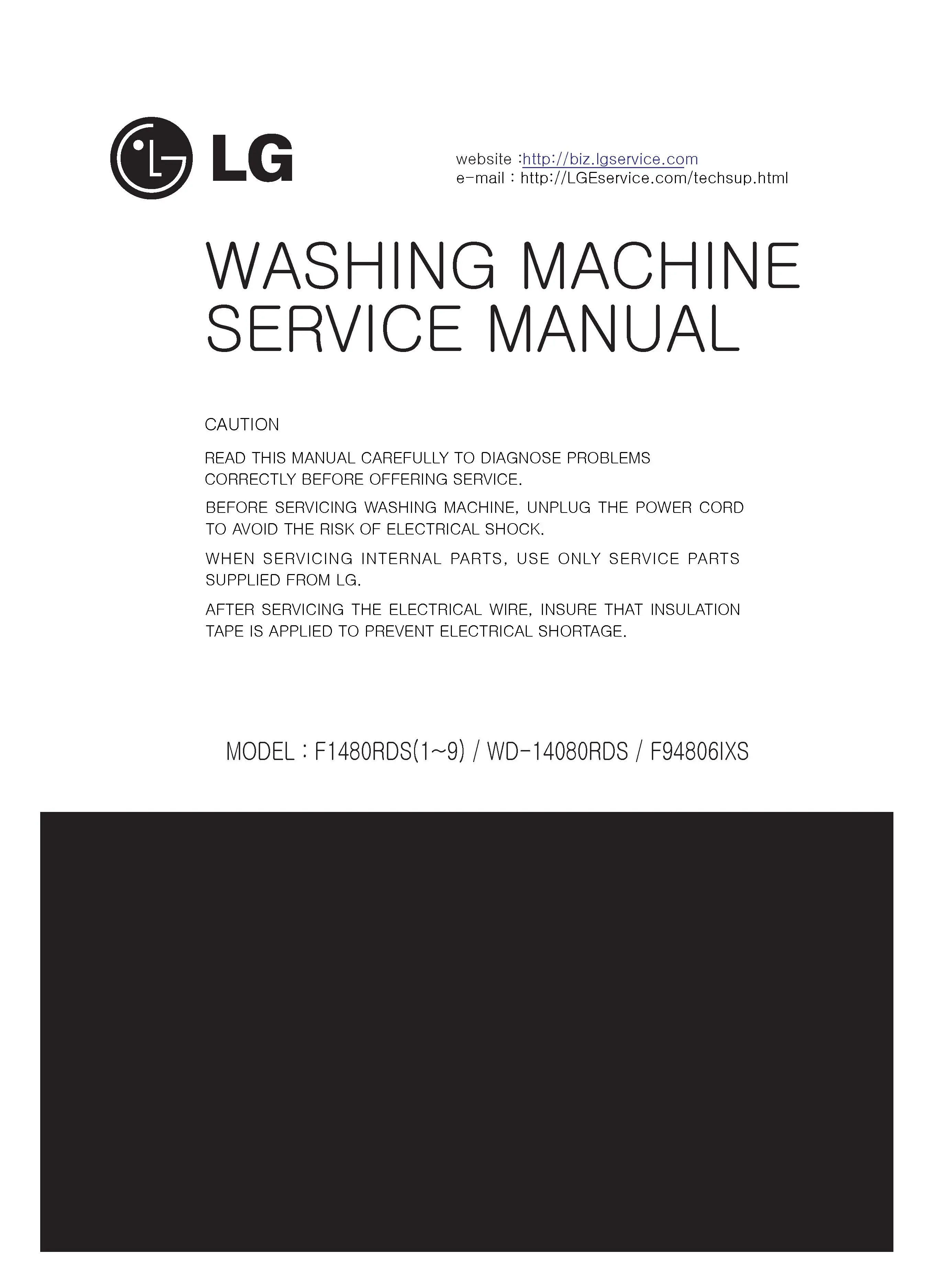 Lg f1480rds service manual cover with LG logo, service website path, washer model codes and service caution notice
