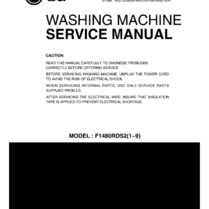 Lg f1480rds25 service manual cover with LG logo, service website path, washer model codes and service caution notice