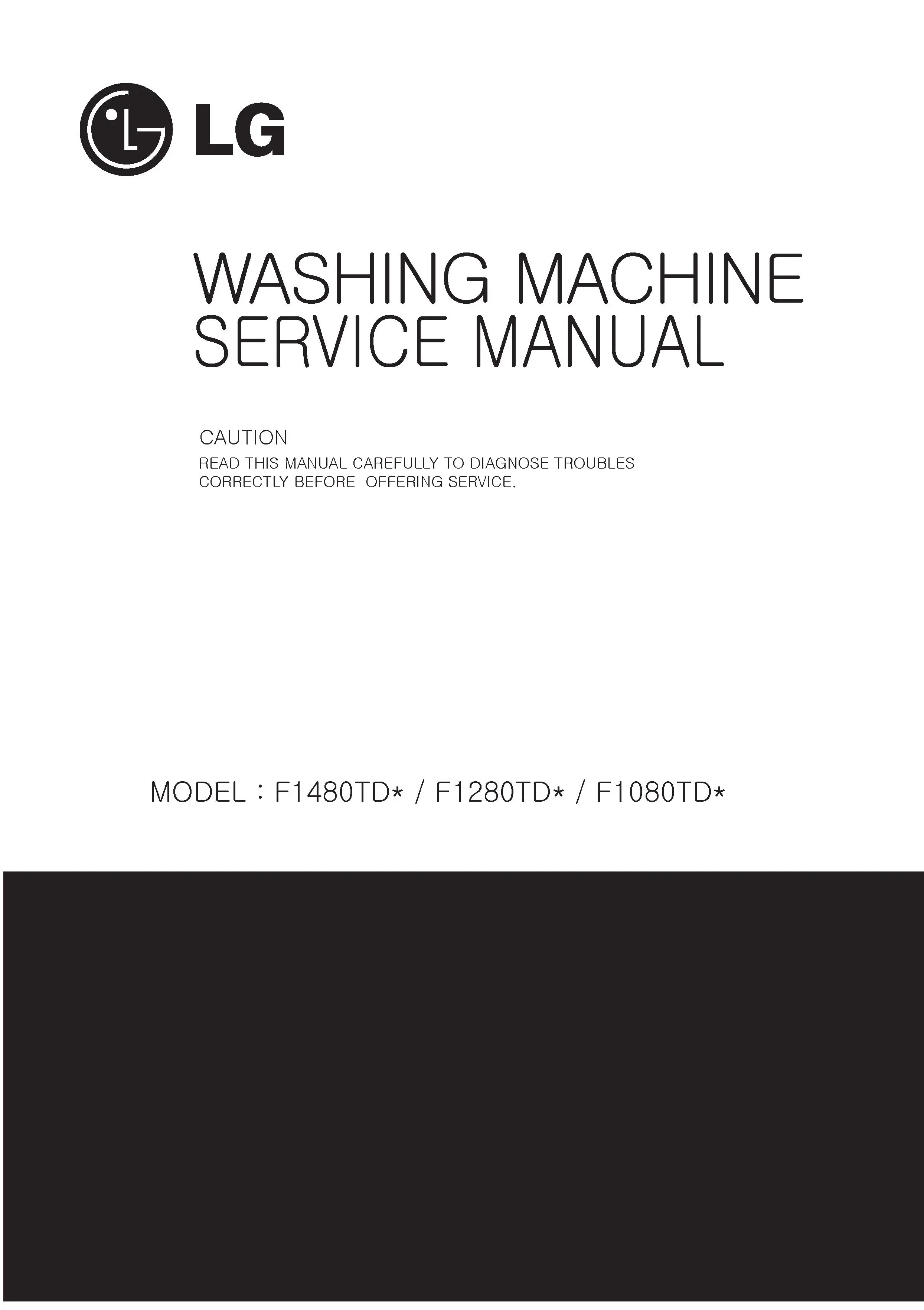 Lg f1480td service manual cover with LG logo, service website path, washer model codes and service caution notice