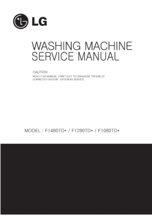 Lg f1480td6 service manual cover with LG logo, service website path, washer model codes and service caution notice