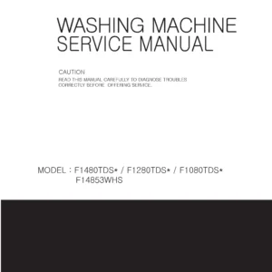 Lg f1480tds5 service manual cover with LG logo, service website path, washer model codes and service caution notice