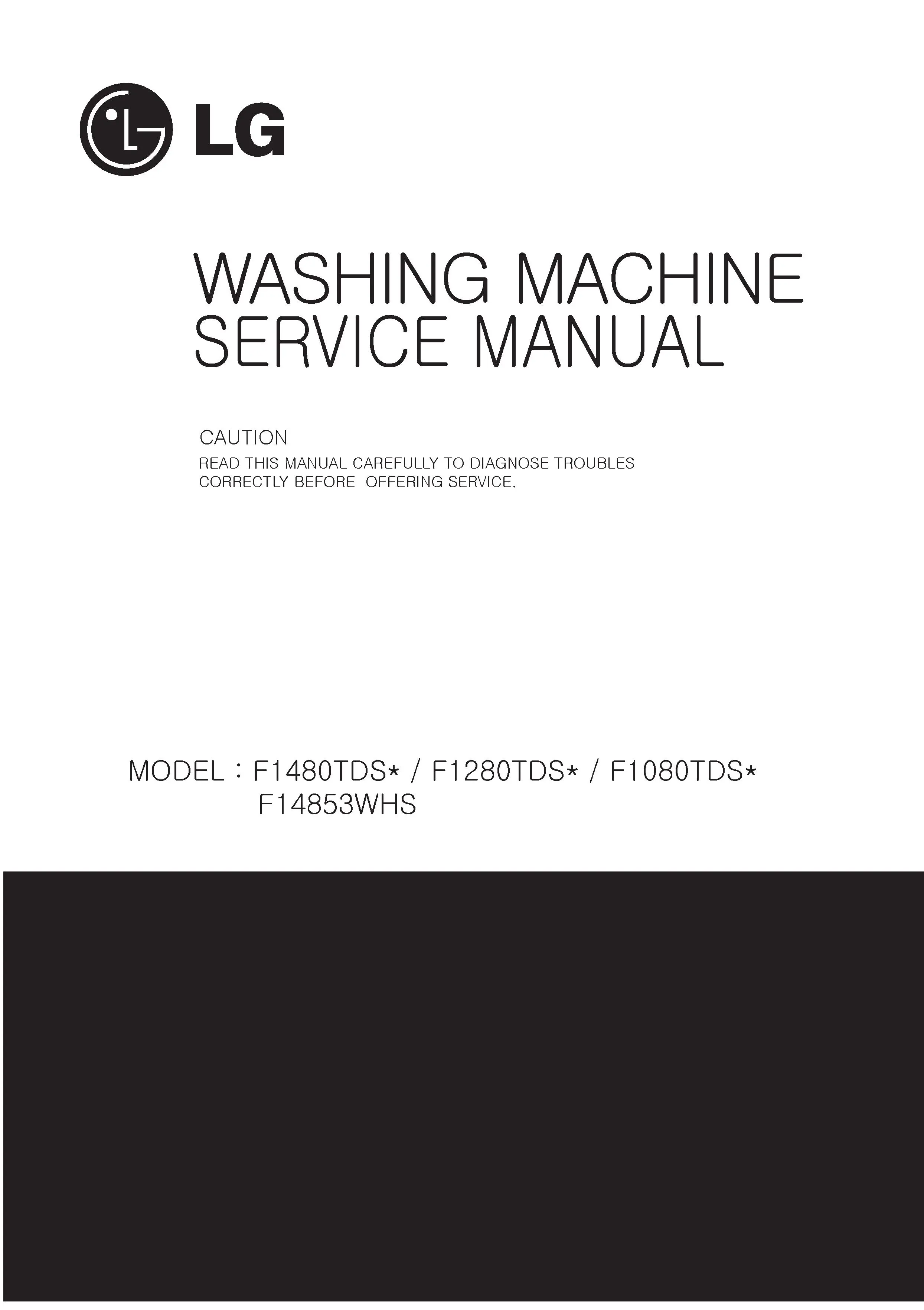 Lg f1480tds5 service manual cover with LG logo, service website path, washer model codes and service caution notice