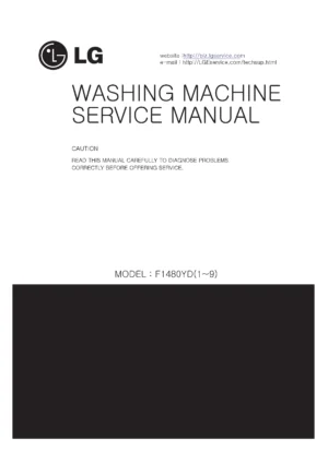 Lg f1480yd service manual cover with LG logo, service website path, washer model codes and service caution notice