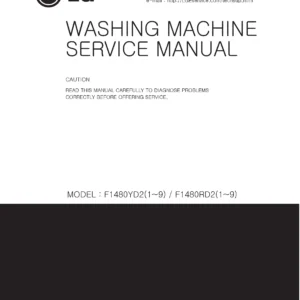 Lg f1480yd2 service manual cover with LG logo, service website path, washer model codes and service caution notice