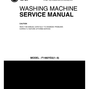 Lg f1480yd25 service manual cover with LG logo, service website path, washer model codes and service caution notice
