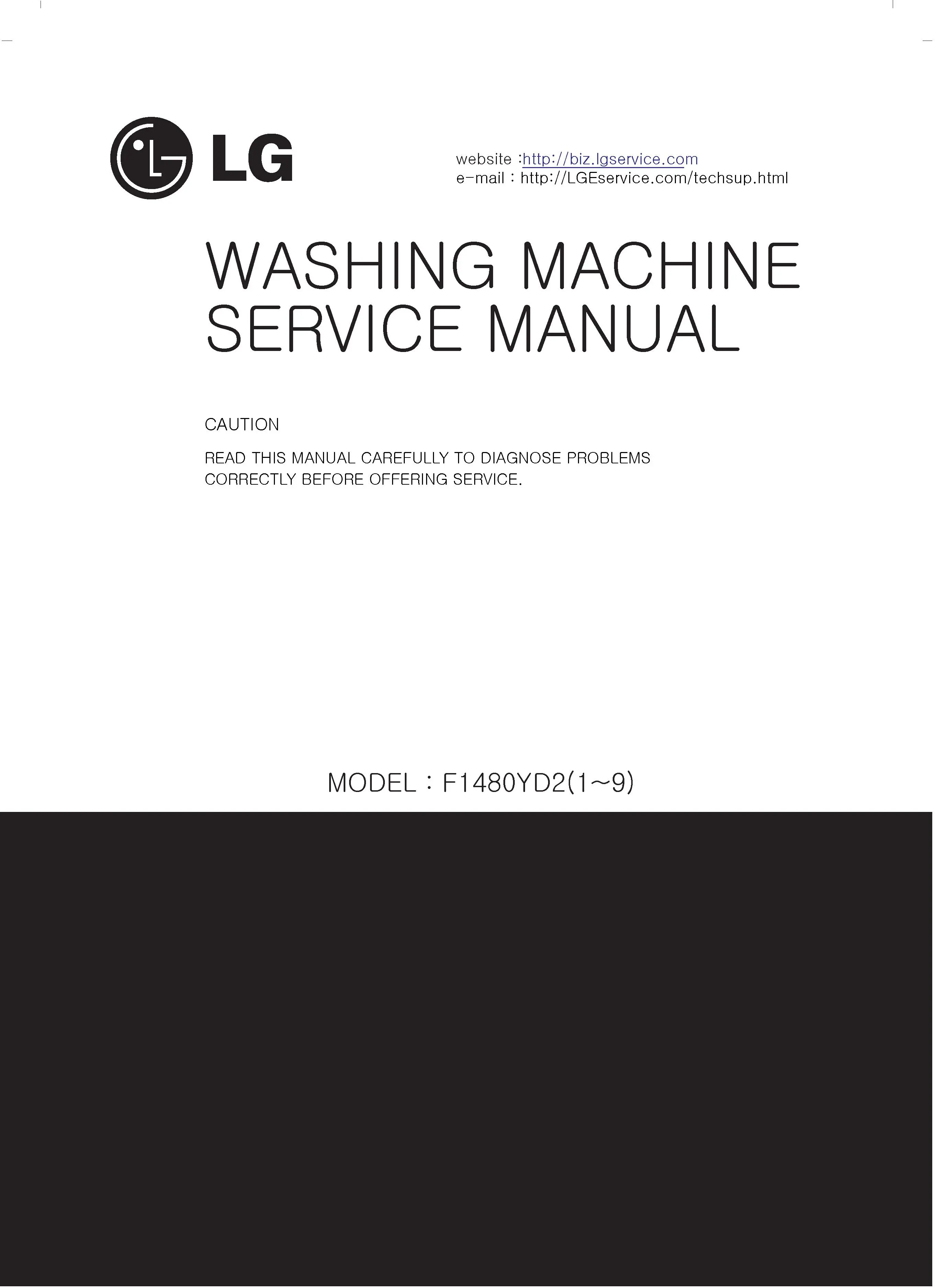 Lg f1480yd26 service manual cover with LG logo, service website path, washer model codes and service caution notice