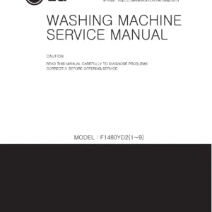 Lg f1480yd5 service manual cover with LG logo, service website path, washer model codes and service caution notice