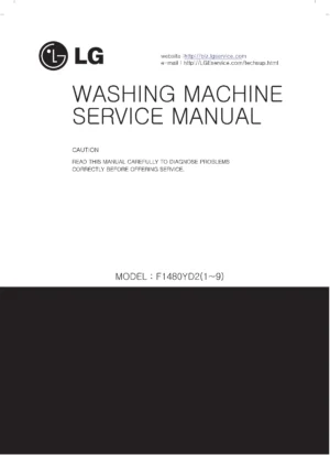 Lg f1480yd5 service manual cover with LG logo, service website path, washer model codes and service caution notice