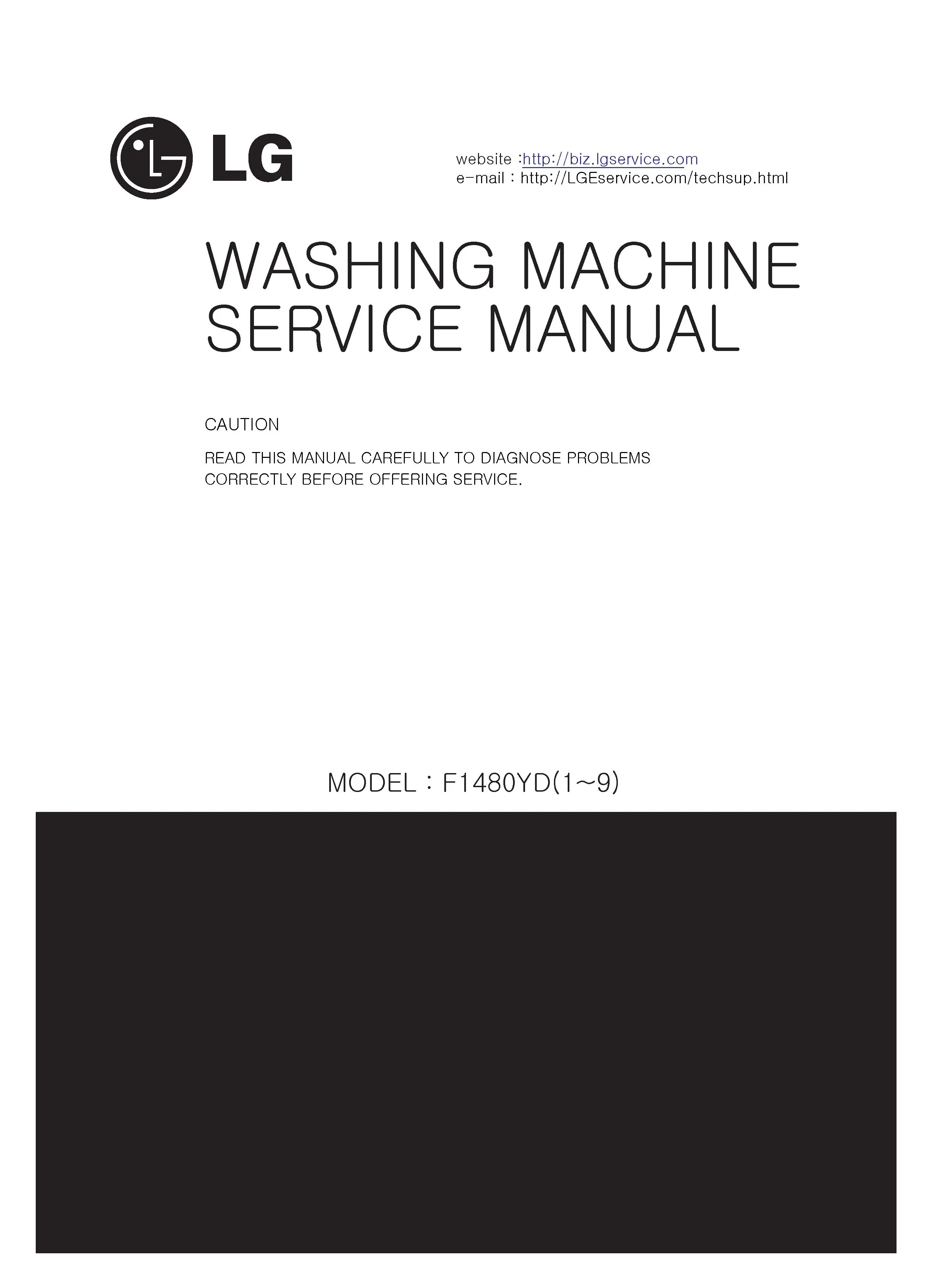 Lg f1480yd6 service manual cover with LG logo, service website path, washer model codes and service caution notice