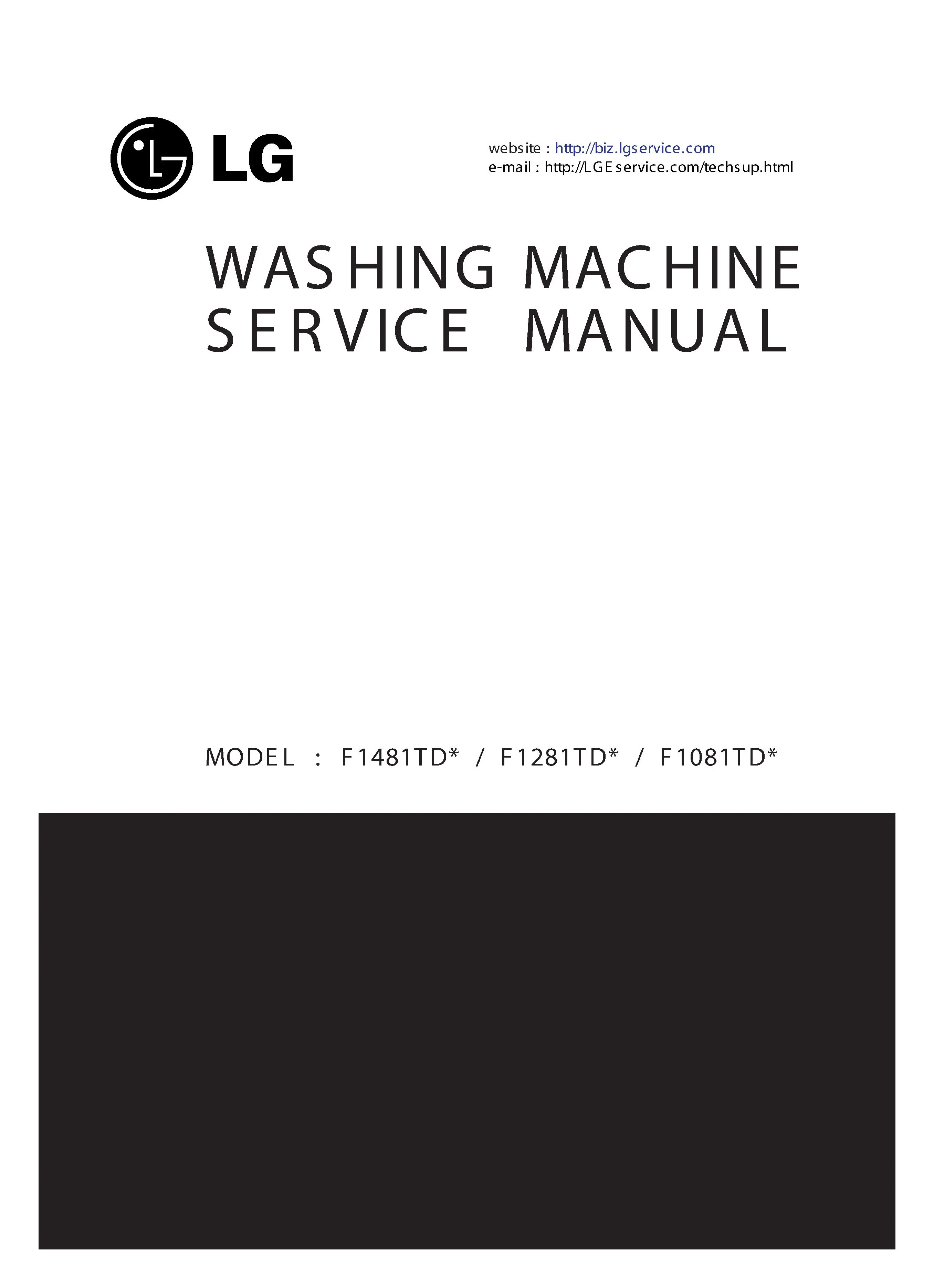 Lg f1481qdp service manual cover with LG logo, service website path, washer model codes and service caution notice