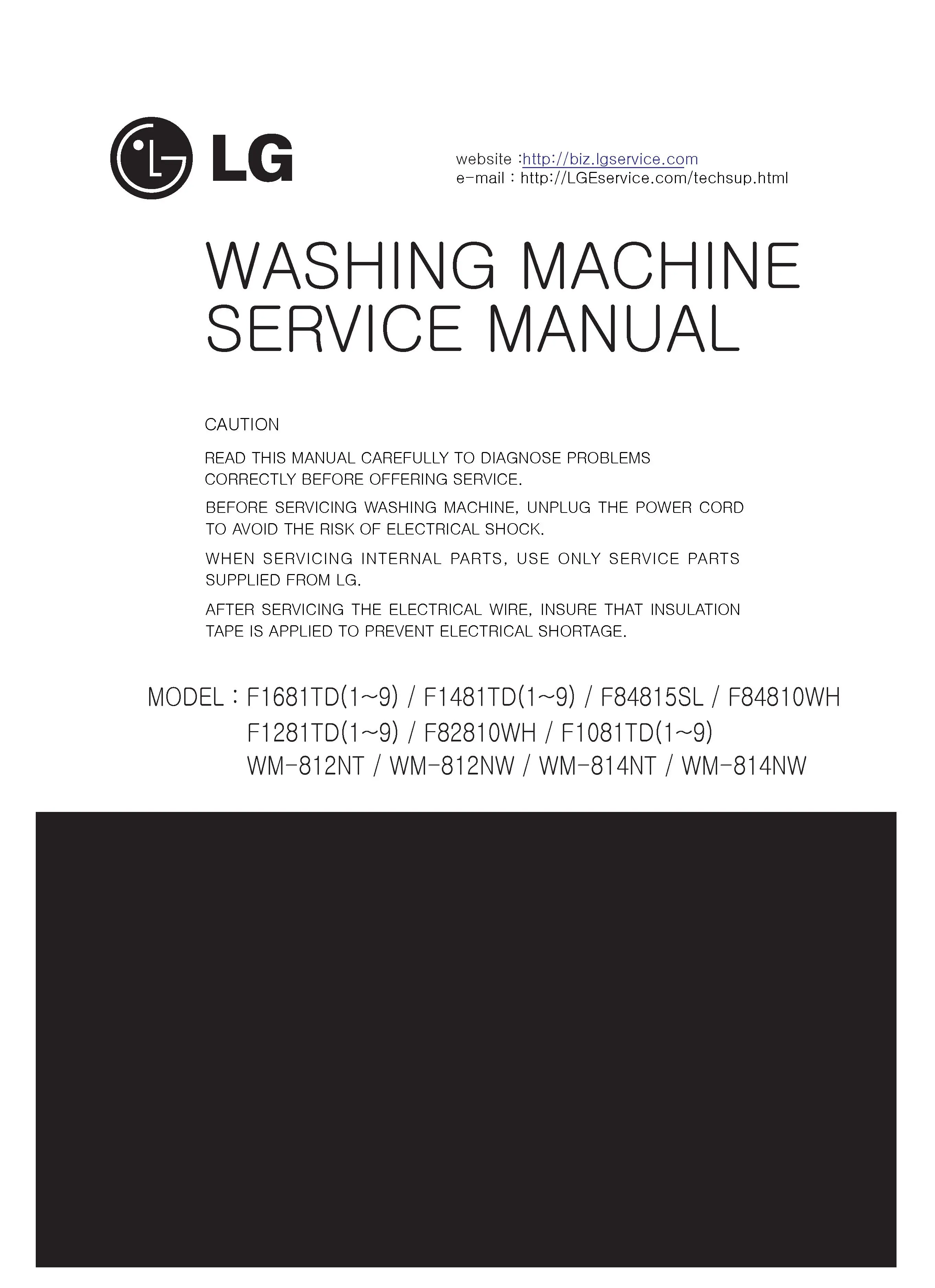 Lg f1481td f1081td service manual cover with LG logo, service website path, washer model codes and service caution notice