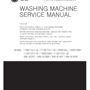 Lg f1481td service manual cover with LG logo, service website path, washer model codes and service caution notice