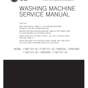Lg f1481td5 service manual cover with LG logo, service website path, washer model codes and service caution notice