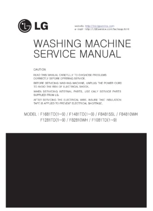 Lg f1481td5 service manual cover with LG logo, service website path, washer model codes and service caution notice