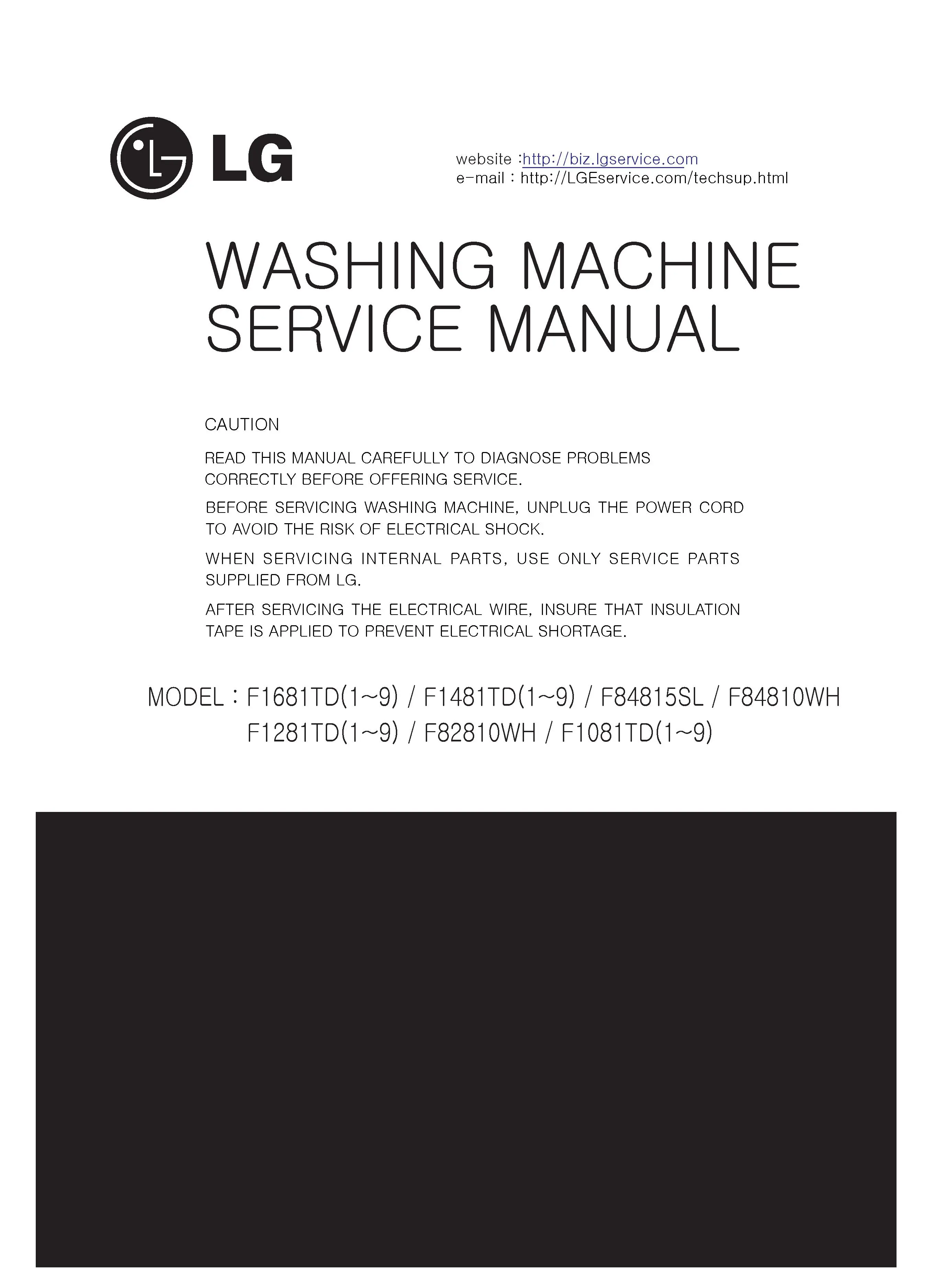 Lg f1481td5 service manual cover with LG logo, service website path, washer model codes and service caution notice