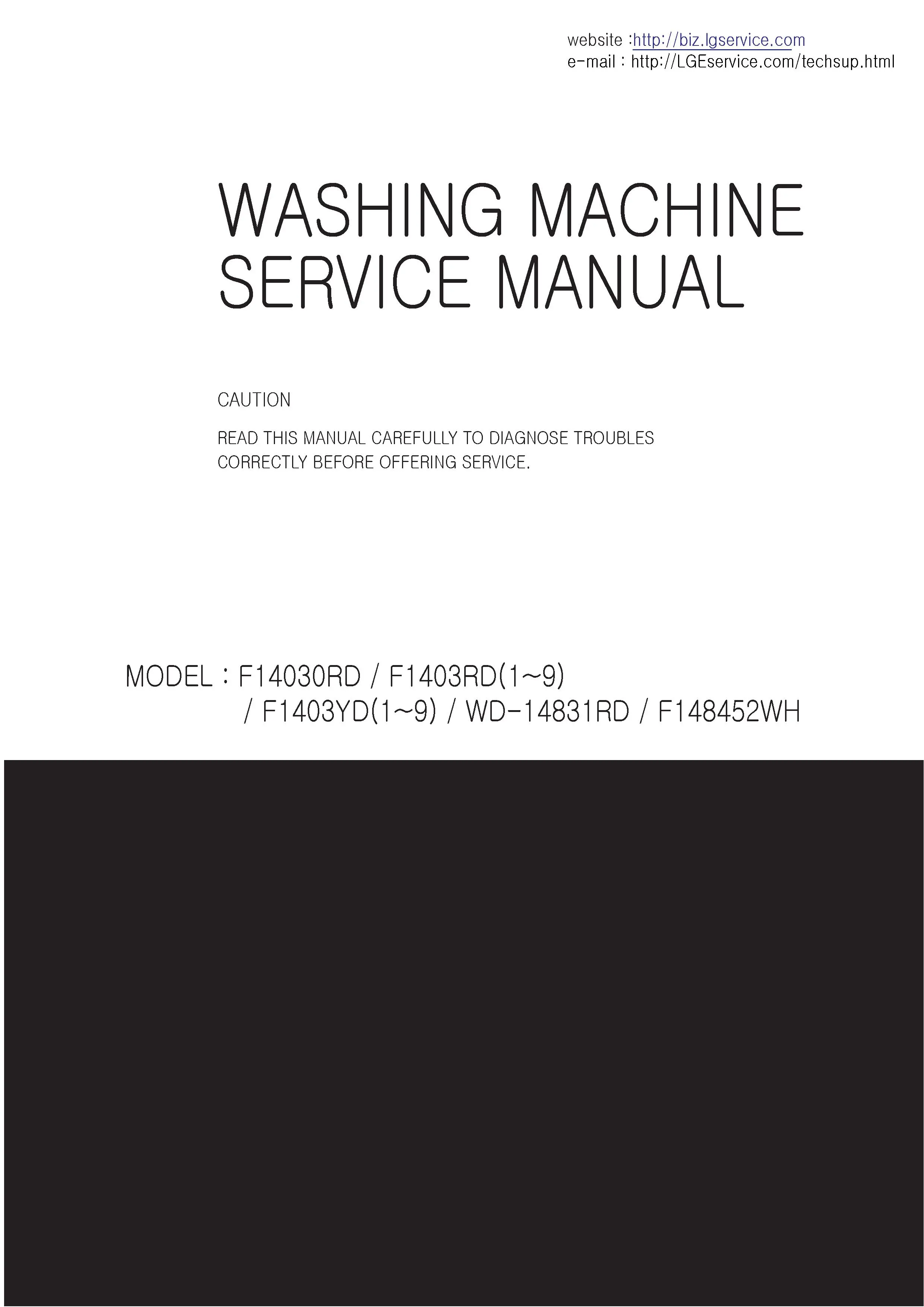 Lg f148452wh service manual cover with LG logo, service website path, washer model codes and service caution notice