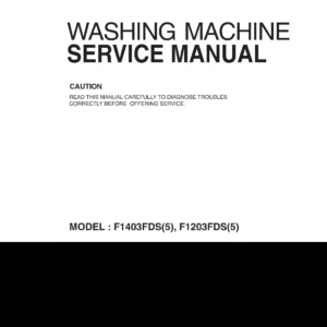 Lg f14932ds service manual cover with LG logo, service website path, washer model codes and service caution notice