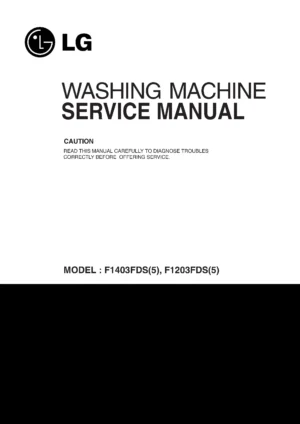 Lg f14932ds service manual cover with LG logo, service website path, washer model codes and service caution notice