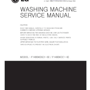 Lg f14942wh service manual cover with LG logo, service website path, washer model codes and service caution notice