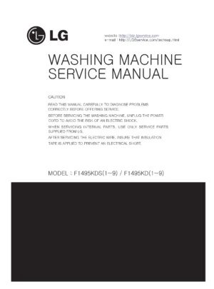 Lg f14942wh service manual cover with LG logo, service website path, washer model codes and service caution notice