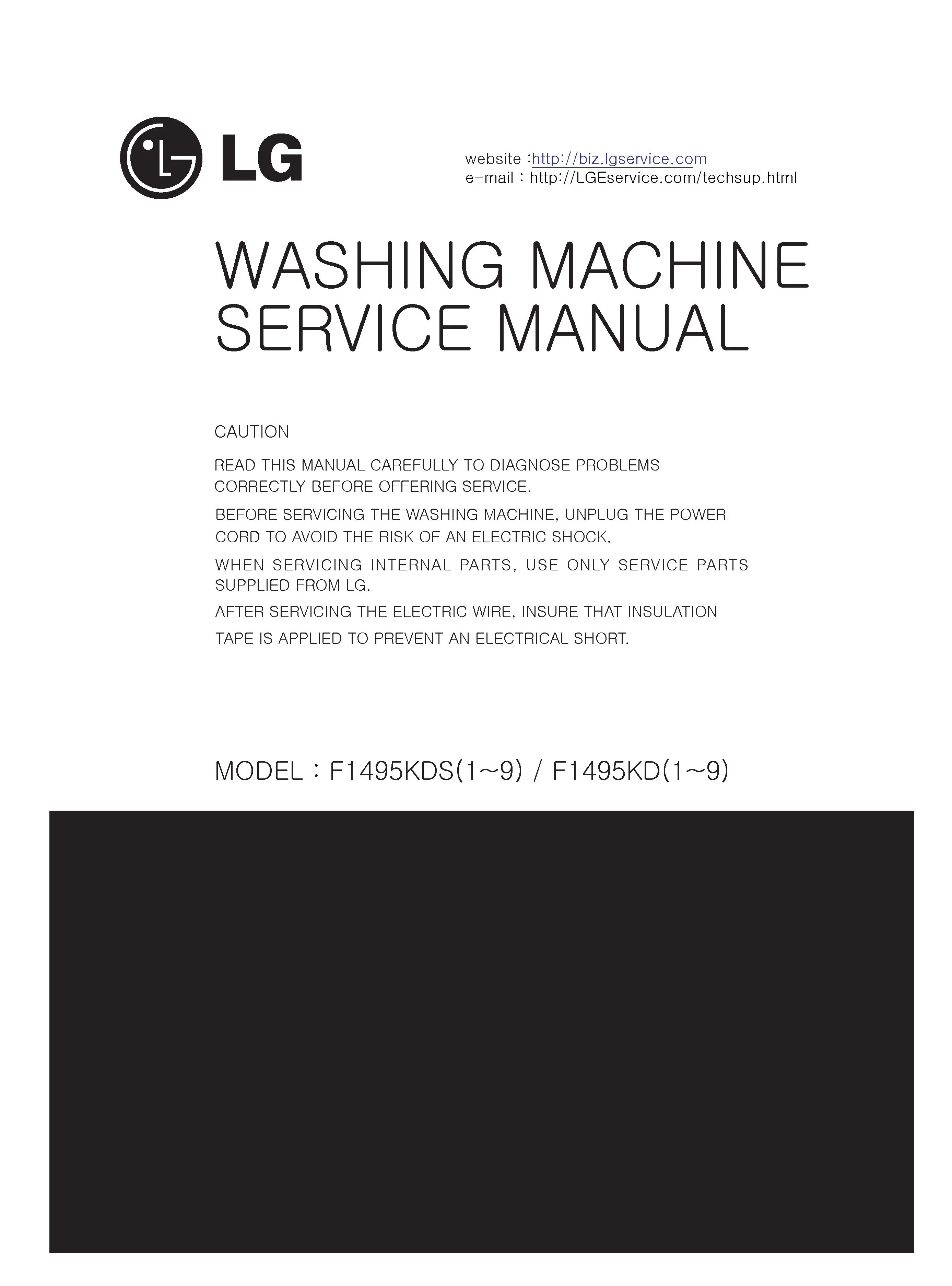 Lg f14942wh service manual cover with LG logo, service website path, washer model codes and service caution notice