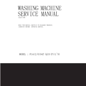 Lg f1494td service manual cover with LG logo, service website path, washer model codes and service caution notice