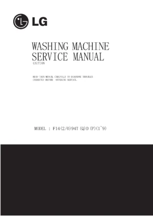 Lg f1494td service manual cover with LG logo, service website path, washer model codes and service caution notice