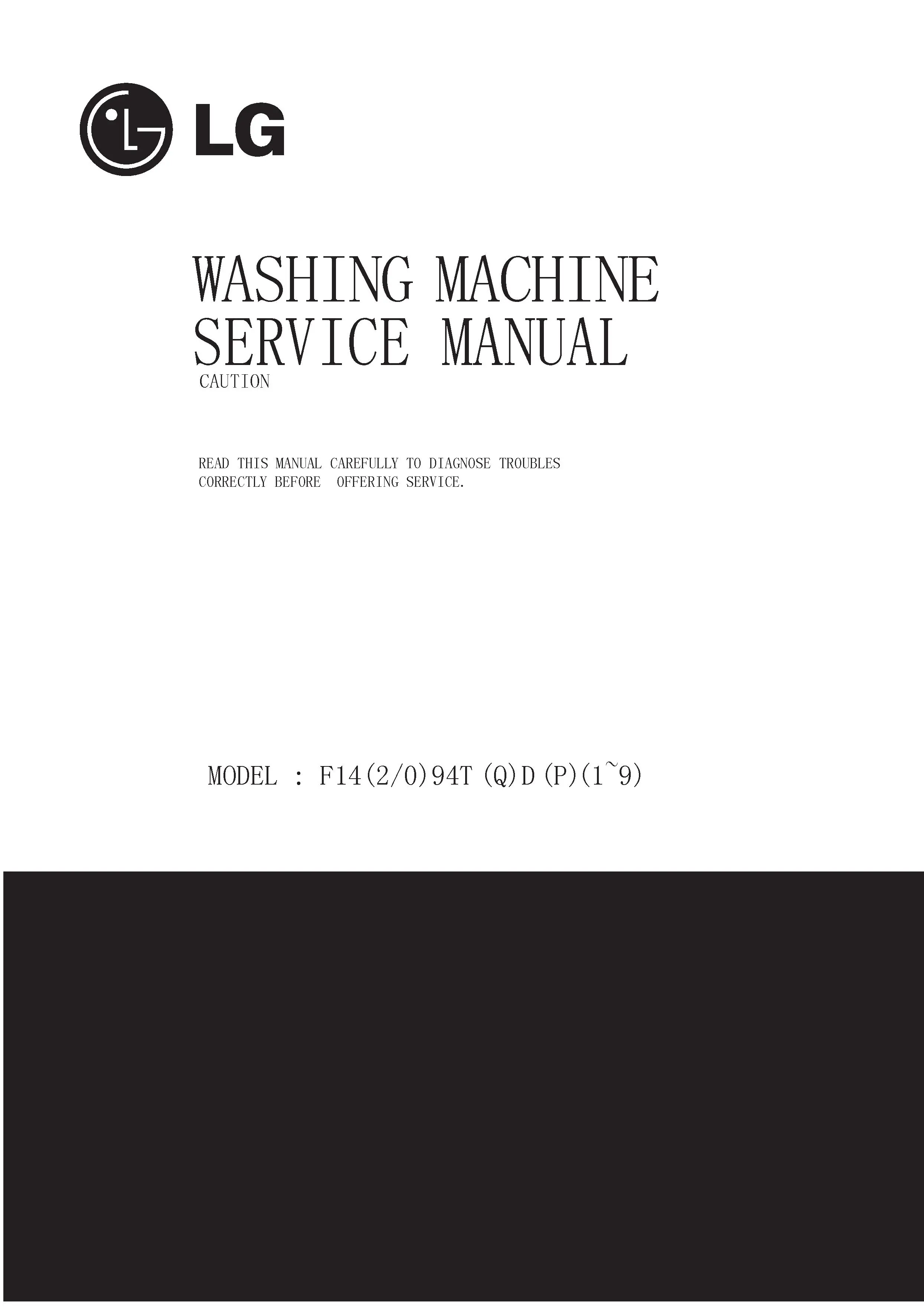 Lg f1494td service manual cover with LG logo, service website path, washer model codes and service caution notice