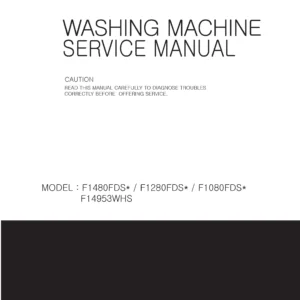 Lg f14953whs service manual cover with LG logo, service website path, washer model codes and service caution notice