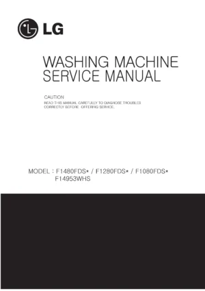 Lg f14953whs service manual cover with LG logo, service website path, washer model codes and service caution notice