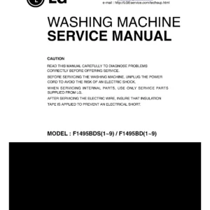 Lg f1495bda7 service manual cover with LG logo, service website path, washer model codes and service caution notice